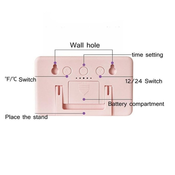 Digitalt alarmtermometer LED innendørs elektronisk fuktighetsmåler klokke hjemmekontor klokke (farge: rosa, størrelse: 9,6 * 5,8 * 1 cm)