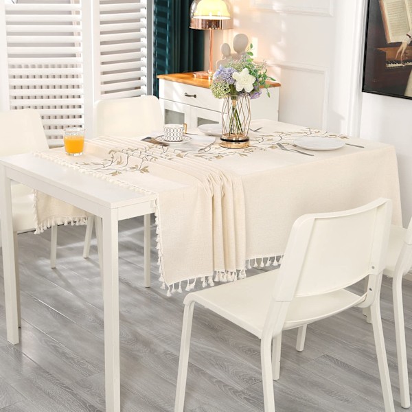 Beige Rektangulär Fläckavvisande Duk Tvättbar Bomull och Linne Bordsduk med Brun Lövbrodyr & Fransar 140 x 180 cm