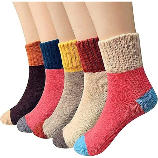 5 par damsockor, vintersockor för dam, tjockt stickade, varma & bekväma, ull, crew, vintage-stil