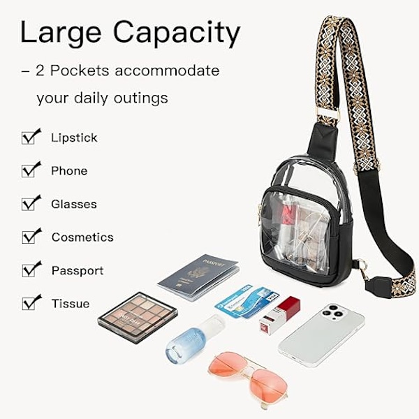Läpinäkyvä Sling Bag -laukku, Läpinäkyvä Vyölaukku Stadionhyväksytty Crossbody-laukku Naisten Kestävä Läpinäkyvä Rintalaukku Säädettävällä Hihnalla