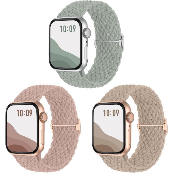 Halkskyddande Flätad Rem 3-pack Kompatibel med Apple Watch Armband, Justerbar Elastisk Ersättningsrem för iWatch Ultra SE 9 8 7 6 5 4 3 2 1