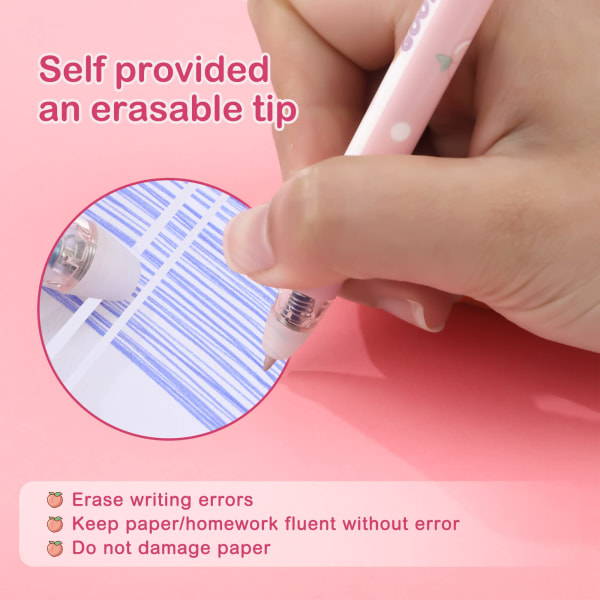 Pyyhettävä kynä - 6 kpl 0,5 mm vedettävä pyyhekumi kynät - Sarjakuva lapset - Kynä Rollerball - Söpö vaaleanpunainen persikka