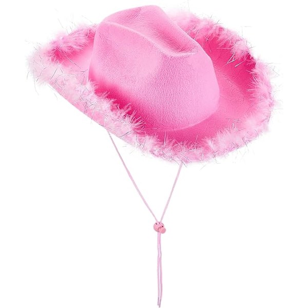 Cowboyhat til kvinder - Blød fjer, glitter, lyserød cowgirlhat, hovedbeklædning, kostume