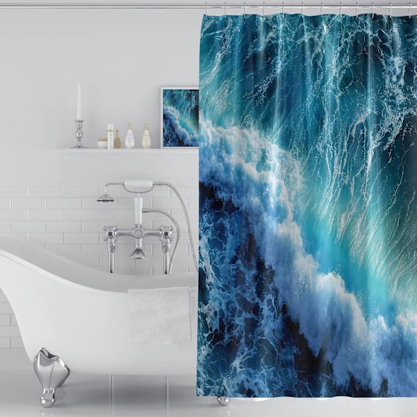 Bruseforhæng Blå Skimmelsikker Vandtæt 3D Havbølger Badeværelsesforhæng Hurtigtørrende Vægtet 180x180cm (71x71 tommer)
