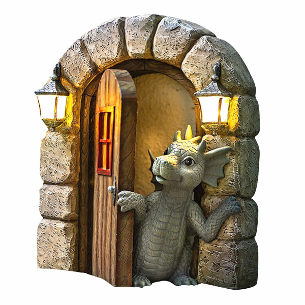 Innergård Drake Skulptur Väggdekoration, Lilla drake som tittar ut genom ytterdörren Konstfigurer Ornament