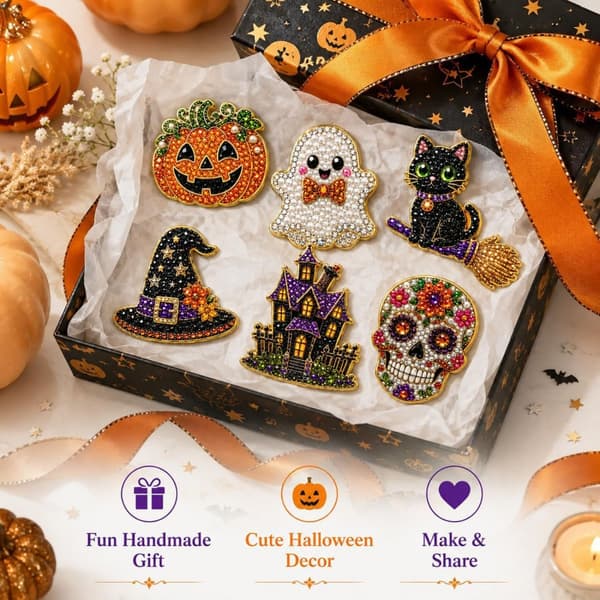 Halloween pumpa katt spöke pärla diamant kylskåpsmagnet set DIY pärla kylskåpsmagneter 6-Piece Pack