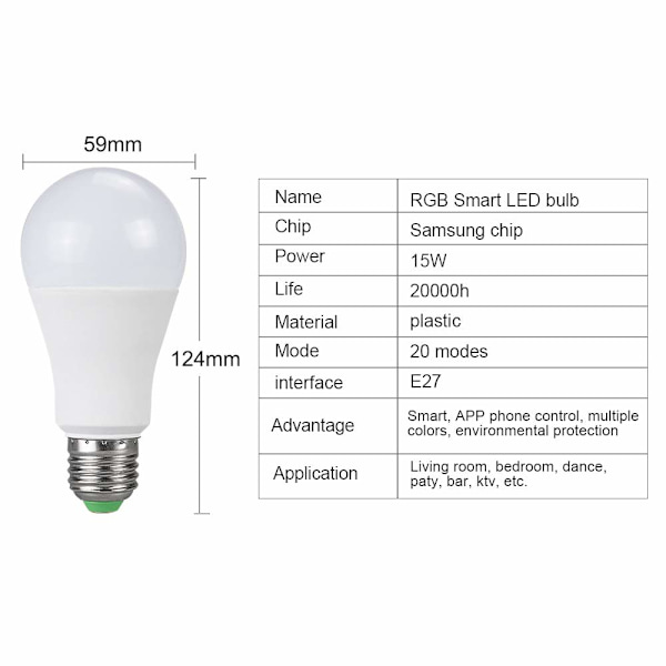 LED-lampor 15W Smart E27 RGBW Bluetooth 85-265V 20 färger