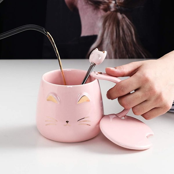 Pink Kattemug, Sød Katteformet Keramik Kaffe Kop med Rustfrit Stål Ske, Nyhed Kaffe Kop til Katte Elskere, Kvinder og Piger