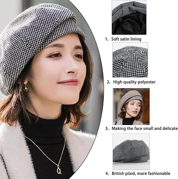 Vinter Beret Hat til Kvinder, Koreansk Stil Beret Hat til Kvinder, Kjolehat, Komfortabel og Varm Vinterhue til Forår/Efterår/Vinter Black