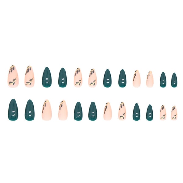 24 st lösnaglar korta med löv, mörkgröna franska naglar