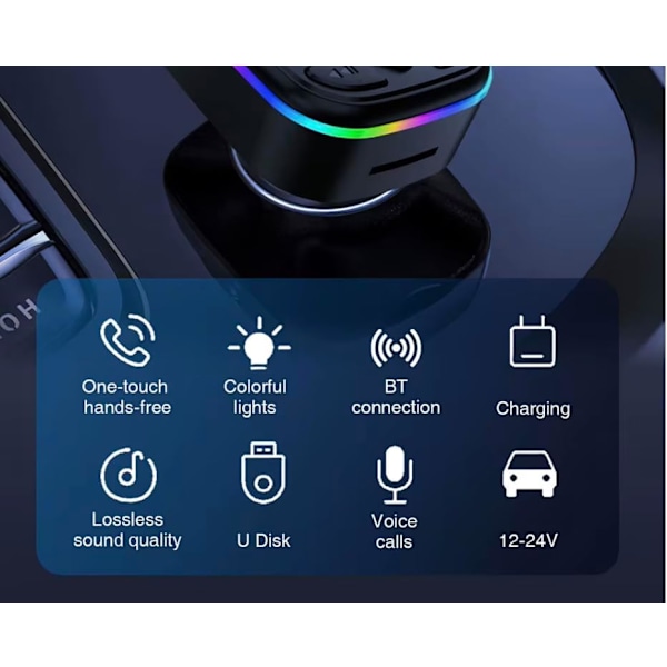 Bluetooth FM-lähetin autoon, langaton handsfree-puhelu, MP3-soitin, kaksois-USB-tuki SD-kortille, USB- ja muistitikulle (lähetin + USB-C-kaapeli)