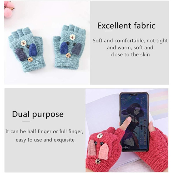 Cartoon Unisex Barn Fingerlösa Vantar Med Fliklock - Konvertibla Flip Top Varma Vantar Med Vantelock Söt Cartoon för 6-13 Åldrar Pojkar och Flickor