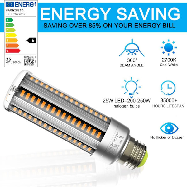 E27 LED 25W Varmvit 2700K, 360 Vinkel, Icke-Dimbar, Flimmerfri, E27 LED Majslampa, 2-pack