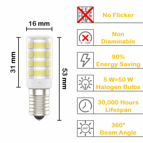 E14 LED-pærer, 5W (svarer til 50W) CoolWhite 6000K 6stk