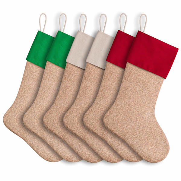 16\" Julefalske Burlap Strømper, 6 stk (Rød, Grønn, Hvit)