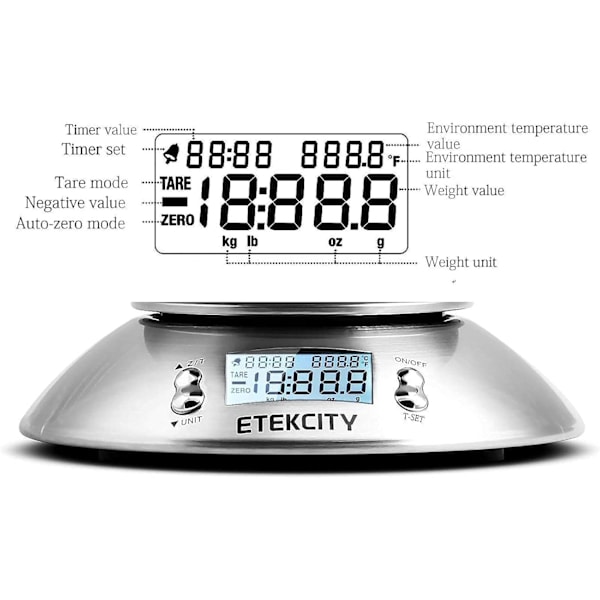 Elektronisk digital kjøkkenvekt med rustfri stålbolle, timer og temperatursensor.