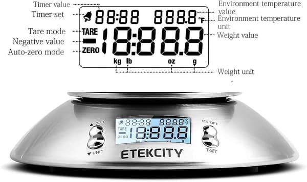 Elektronisk digital køkkenvægt med rustfri stål røreskål, timer og temperatursensor.
