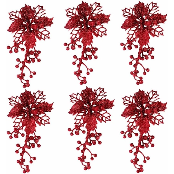 Juleblomst Kunstige Blomster, 6 stk. Juletræ Blomst Dekorationer Røde Juleblomster Juledekorationer med Klips