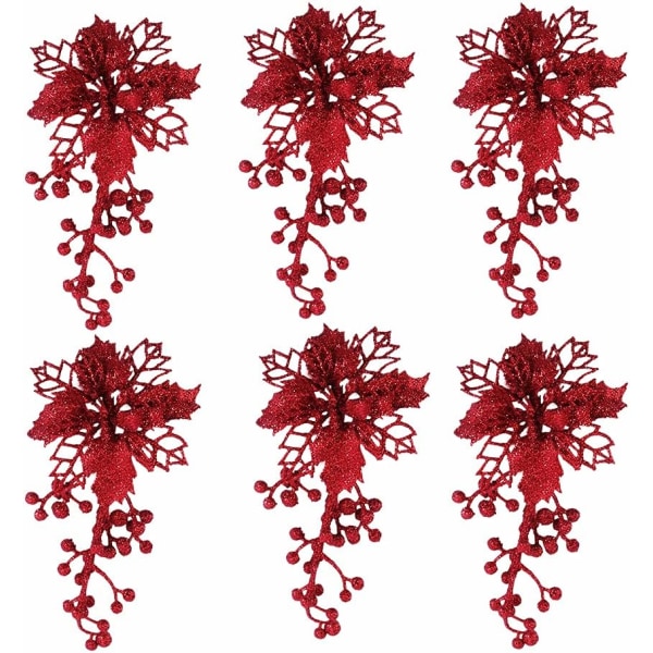 Julestjerne kunstige blomster, 6 stk Juletræ Blomsterdekorationer Rød julestjerne julepynt med klips