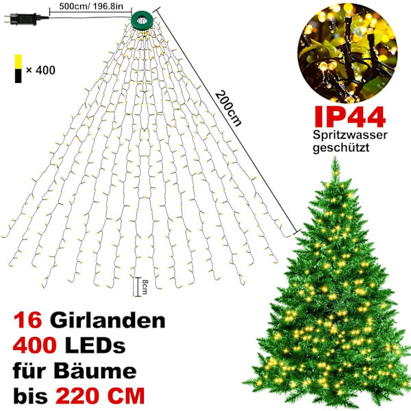 Juletræslyskæde, 400 LED'er, 2 m, Højde 16 Kranser, LED, Juletræslyskæder med Ring, 8 Tilstande, Kast Lys Kæde til 90 cm til 220 cm