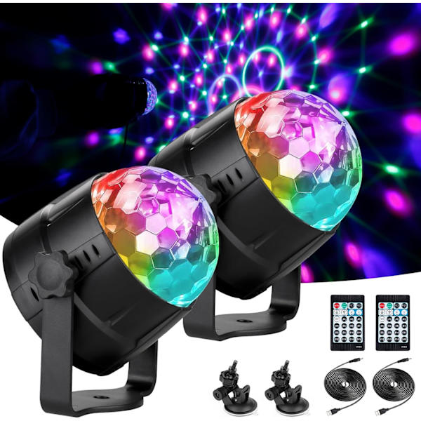 Discolys, Lydaktiverte LED Discokulelys med 4m USB-kabel og sugekopp, Fjernkontroll Partylys