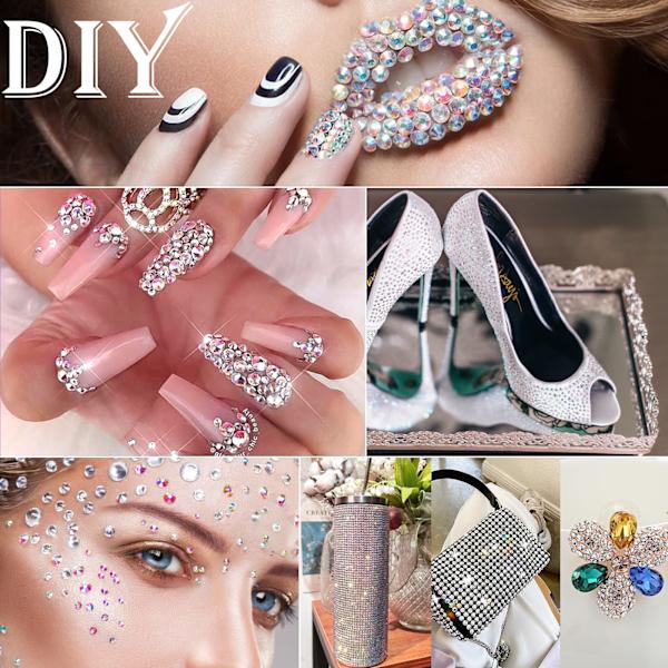 Rhinestones i 6 storlekar Gems-Nail Art Gems med plocka upp pincett och Rhinestone Picker Dotting Pen