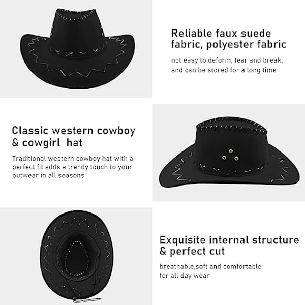 Cowboyhatt i mocka, bredbrättad, västerländsk filtcowboyhatt för män och kvinnor, svart