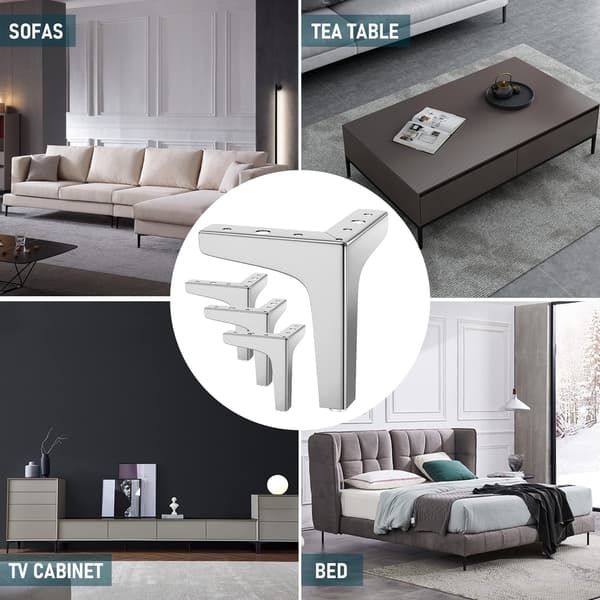 Möbelben Set om 4, Max 800kg, Moderna Triangulära Metallbordsben 10cm, Hårnålsformade Möbelben, Soffa med 16 Skruvar och 4 Benskydd, Silver
