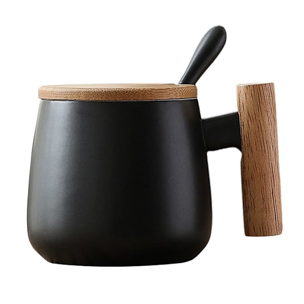 Keramisk kaffekrus Kaffe Te Kopp med lokk og skje, Melkekopp Drikkekopper(Svart)