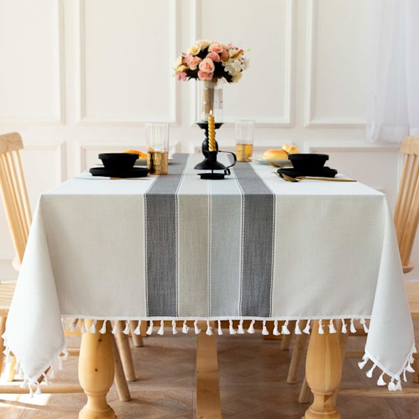 Rektangulär Duk Anti-Fläck Tvättbar Bomull Linne Duk Broderad Tofs Dukar (Grå Tofs Rand, 140x140CM)
