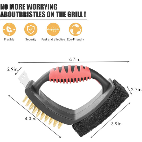 Messing Grillbørste til Udendørs Grill Multifunktionel m/ Messingbørste Skurepude, O Rød, 7 Tommer