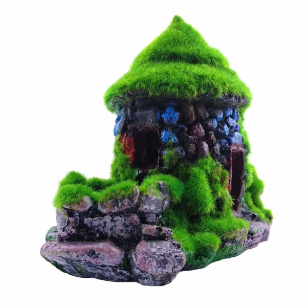 Akvariumdekorationer Fish Hideout House Cave med grön naturtrogen mossa