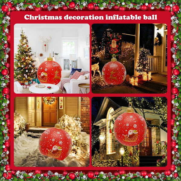 Oppblåsbar Julekule 23 Tommer Stor Utendørs Jule PVC Oppblåsbar Ball Gigant Oppblåsbar Ball Dekorasjoner Gjenbrukbar Julenissen Snømann Oppblåsbare Ball
