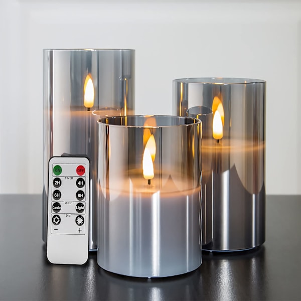 Silvergråa glasflammfria flimrande ljus med fjärrkontroll 3 st
