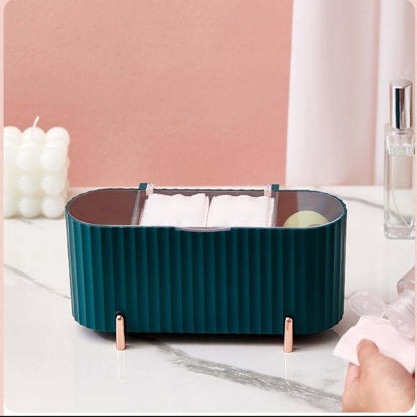 Makeup Organizer Opbevaringsbeholdere - 3 Rum Badeværelse Organizer Krukke Skønhed - til Vatrondeller, Vatpinde Grøn