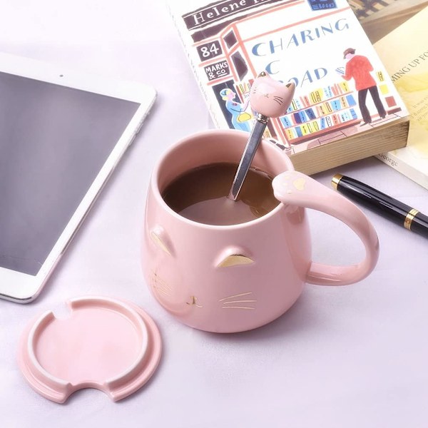 Pink Kattemug, Sød Katteformet Keramik Kaffe Kop med Rustfrit Stål Ske, Nyhed Kaffe Kop til Katte Elskere, Kvinder og Piger