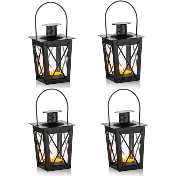 4 stk. Lanterner til Lys, Vintage Sort Metal Mini Dekorative Lys Lanterner Teelys Lysestager & Led Teelys Lysestager Dekoration