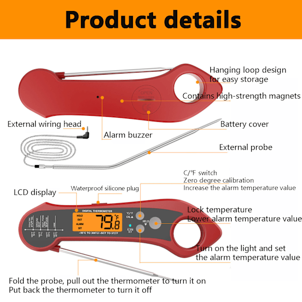 Trådlös köttermometer, mattermometer, digital termometer, stektermometer, sylttermometer