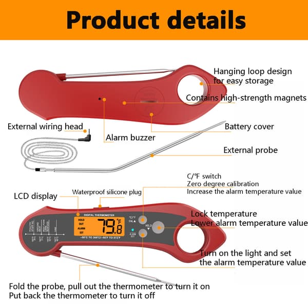 Trådløst kødtermometer, madtermometer, digitalt termometer, madlavningstermometer, marmeladetermometer