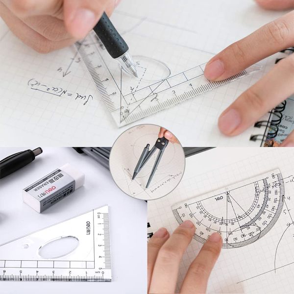 Geometriske kompassæt, undervisningsmaterialer, matematiksæt med vinkelmåler, lineal, blyant, viskelæder, blyantspidser til skole (8-delt sæt, sort)