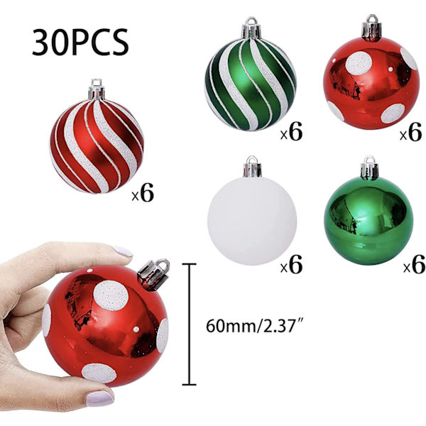 Julgranskulor Set 30 st 6CM Julgranspynt för Julgran Röd & Vit & Grön Trädpynt Granträdspynt Kulor Jul