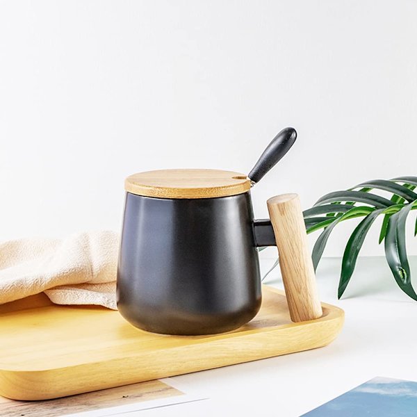 Keramisk kaffekrus Kaffe Te Kopp med lokk og skje, Melkekopp Drikkekopper(Svart)
