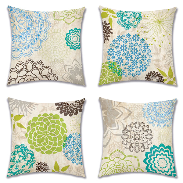 Putetrekk, Sett med 4 Lin Sofa Putetrekk for Stue Soverom Hjemmeinnredning, 45x45cm (Dahlia Blå og Grønn)