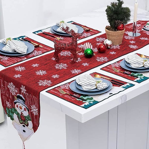 33 * 183cm Julbordsskydd Röd Mysig Juldekoration Bord Broderad Snögubbe Snöflinga Mönster Matbord Dekoration
