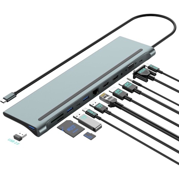 USB C Dockingstation til Dobbelte Skærme med 4K HDMI, VGA, 100W PD, USB-C, 3 USB, SD/TF, Kompatibel med MacBook/DELL/HP/Lenovo/Surface Laptops