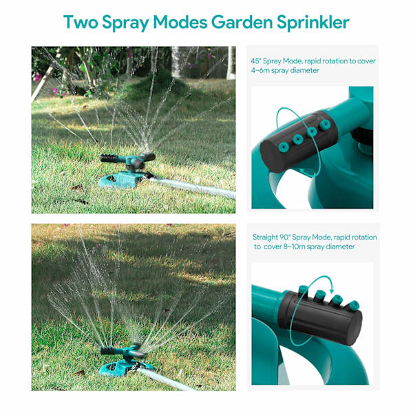 Puutarhan sprinkler, 360° pyörivä 3 säädettävää vartta