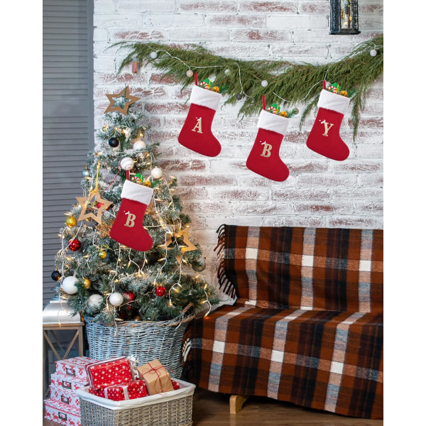 Julestrømper, Medium Xmas Personlig strikkede strømper med bokstaver, rød peis hengende nissesokker til juledekor Julegave