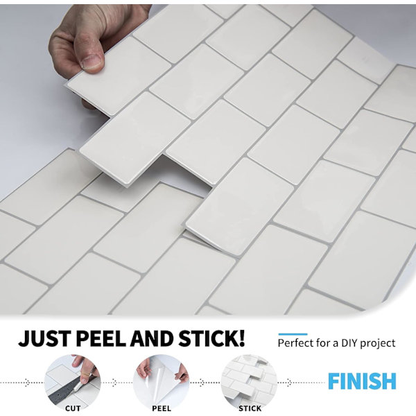 12\"x12\" Klistremerker, Skrell og Lim Subway Fliser Bakplate, Blanke Hvite Selvklebende Veggfliser 10-pakning