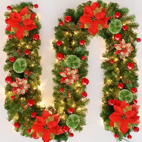 Julekranse, Juleguirlande med Lys, 2,7 m Krans Ornamenter Lys, Julepynt, Julekranse til Hoveddør Red