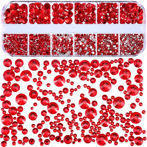 2000 bitar, platt rygg, ädelstenar, 6 storlekar (röd)